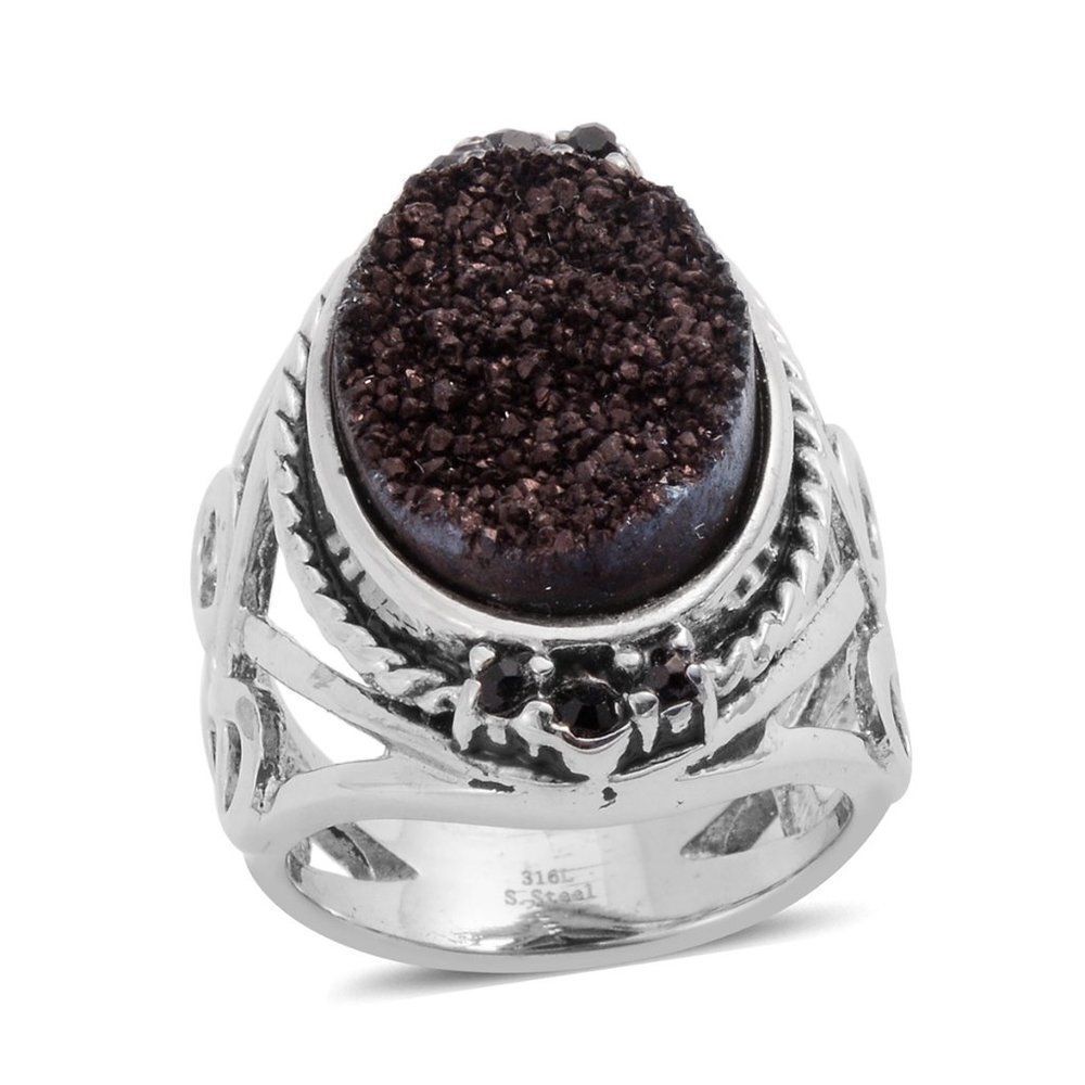 Black Drusy Quartz, Black CZ Ring Stainless Steel